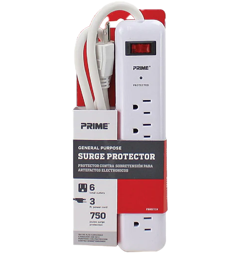 Prime 6 Outlet 3ft Cord White Surge Protector Power Bar