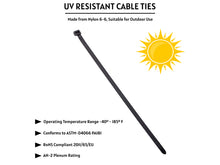 Load image into Gallery viewer, 15&quot; 120 lbs Tensile Black UV Resistant Nylon Cable Ties, 100/Pack

