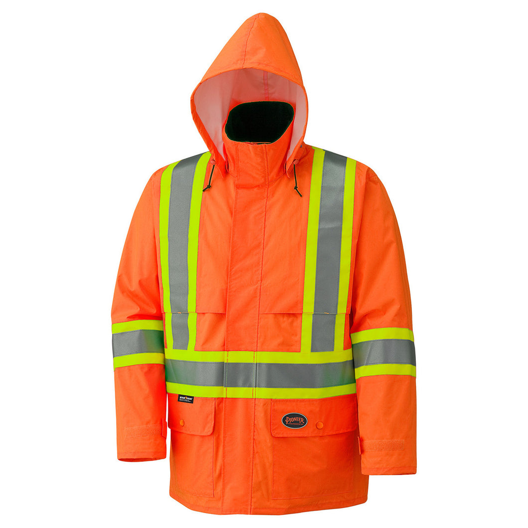 Pioneer Hi-Viz 150D Lightweight Waterproof Safety Jacket with Detachable Hood, Orange